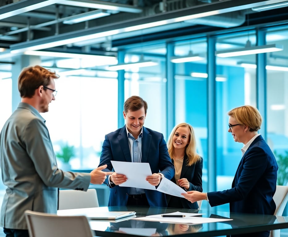 Team of professionals collaborating on business strategy in modern office