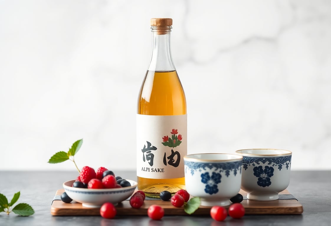 Alpin Sake bottle with fresh berries and traditional sake cups