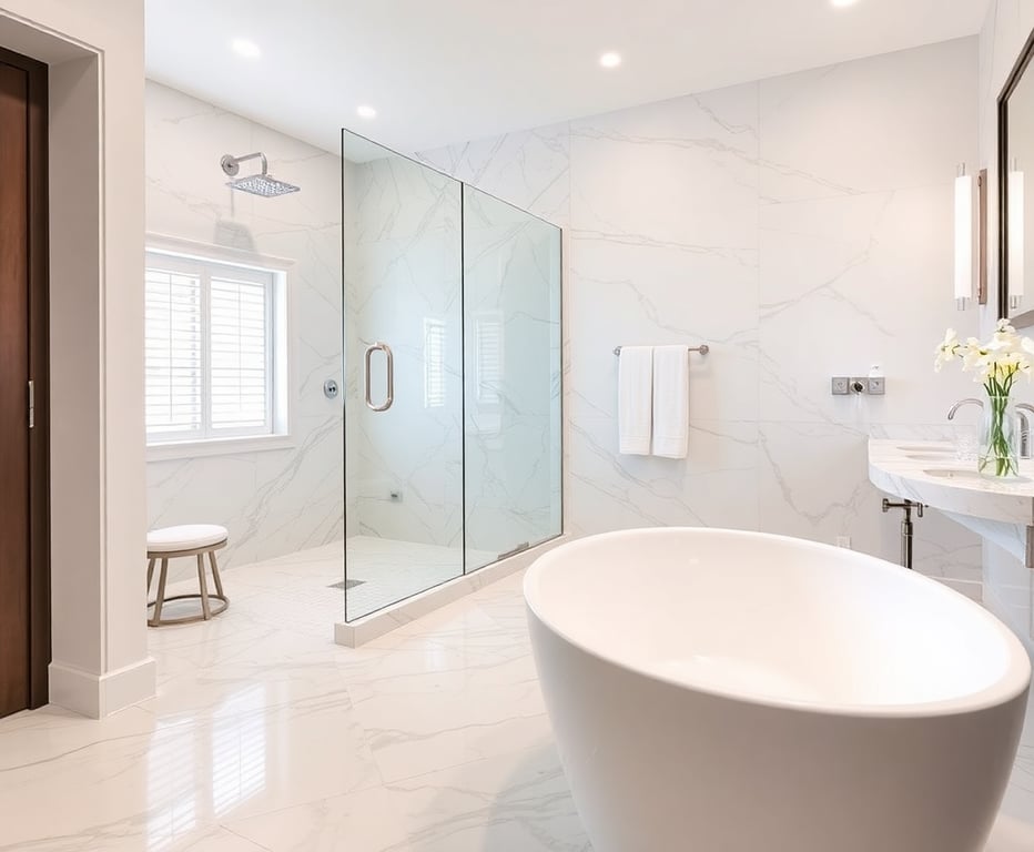 Marble-look porcelain tile flooring in a luxury bathroom with walk-in shower