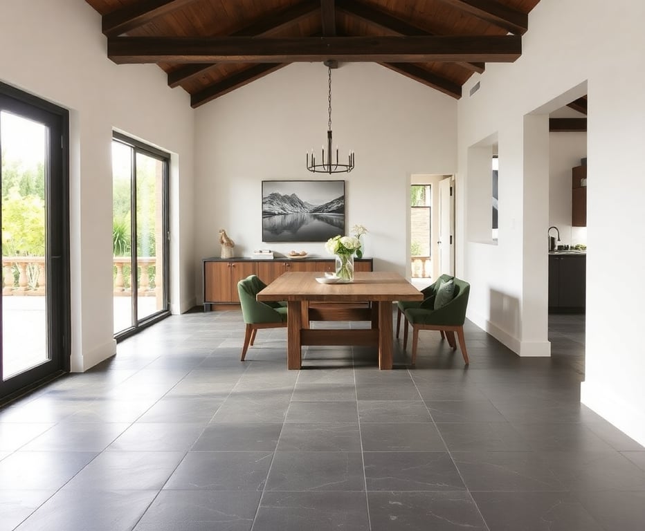 Large format slate tile flooring in an open concept dining area
