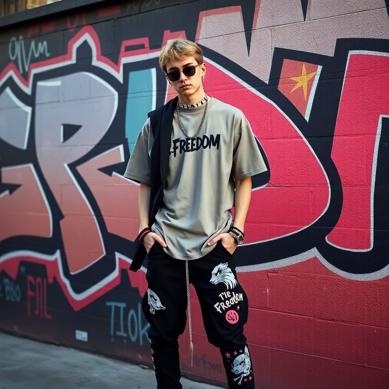 Street fashion model wearing c-freedom clothing against an artistic wall with anime-style graffiti