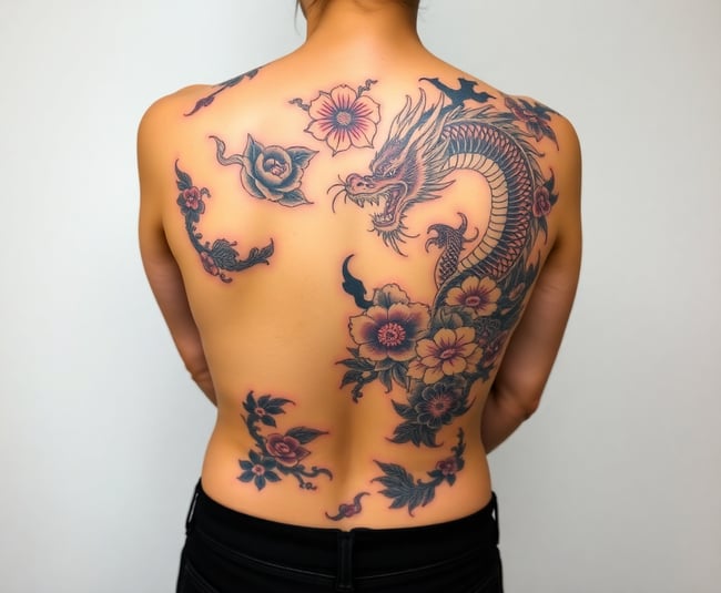 Japanese Dragons and Floral Tattoo