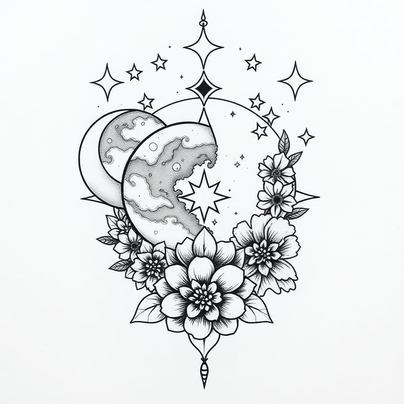 Celestial Floral Tattoo Design