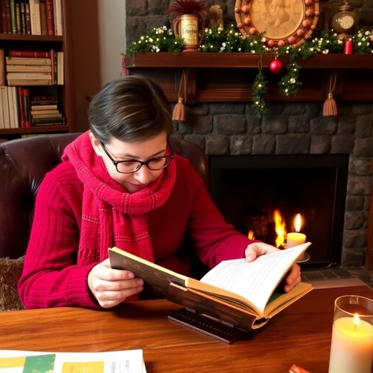 Customer enjoying the riddle book in a cozy setting