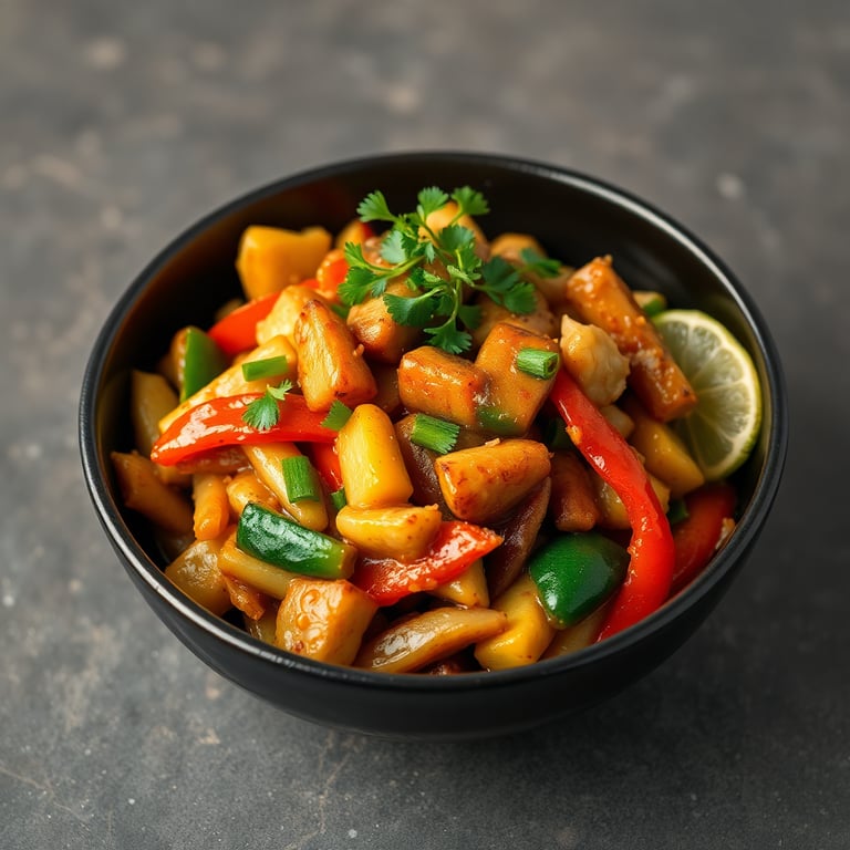 Stir-fried vegetables and meat in a dark bowl with garnish
