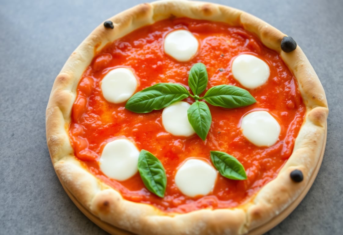 Classic Margherita pizza with tomato sauce, fresh mozzarella and basil