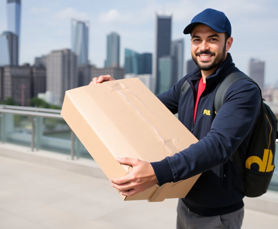 Delivery professional carrying a package with city skyline in the background