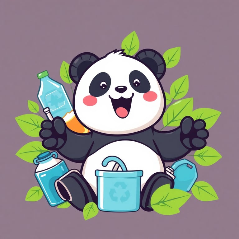 Cute panda mascot surrounded by recycling items and green leaves, representing sustainable investment in recycling