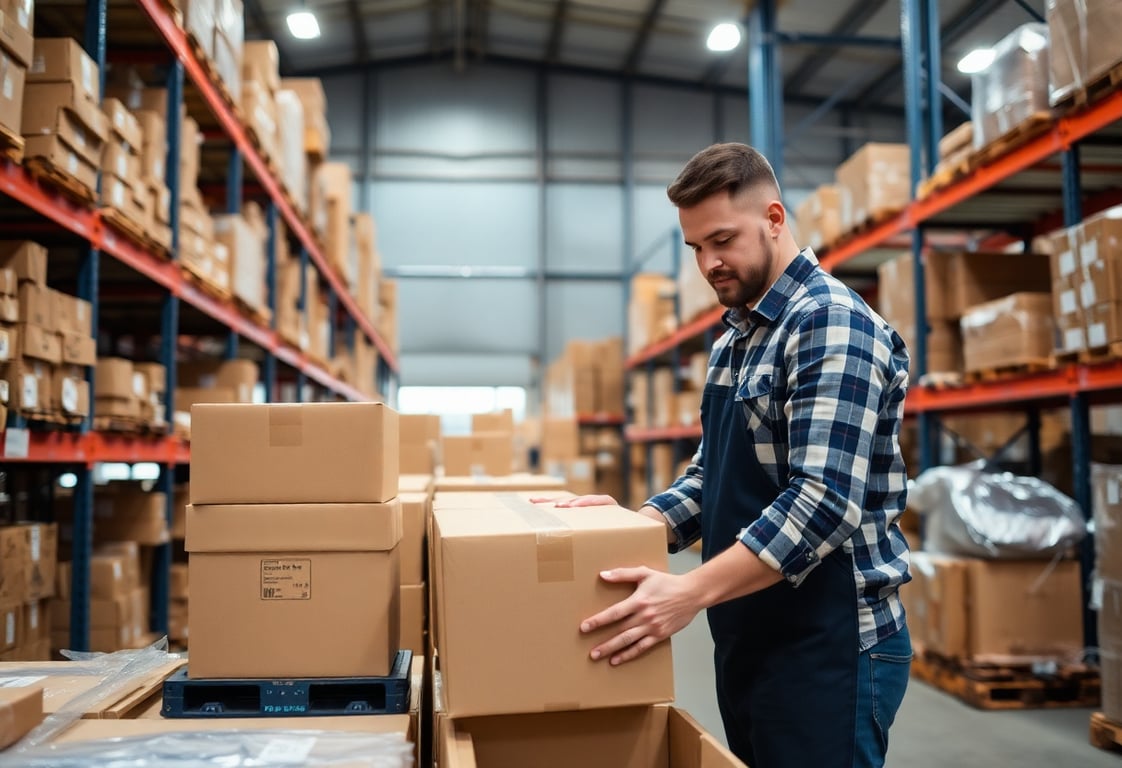 Warehouse worker organizing packages