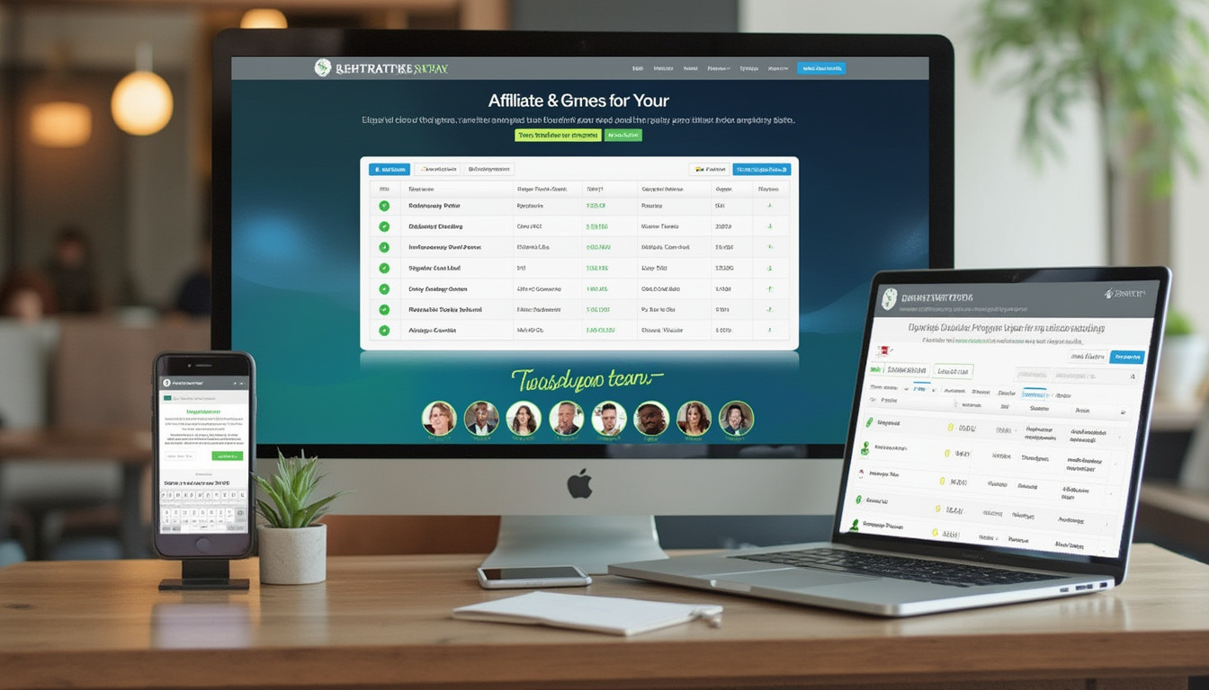 Multi-device display showing affiliate marketing platform interface across desktop and mobile