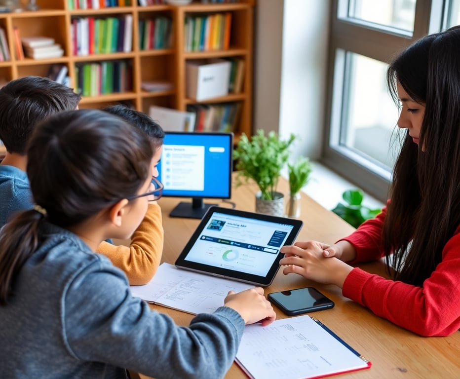 Students engaging with ESL AI platform, studying English with digital tools and personalized learning materials