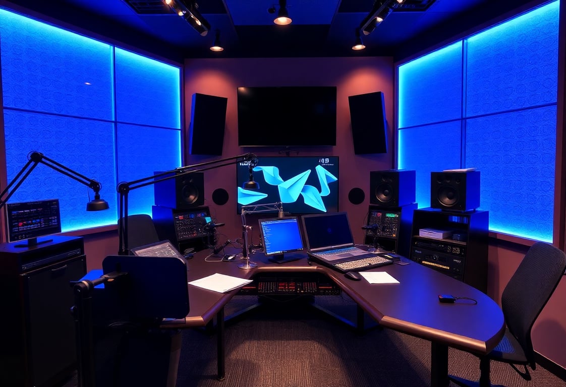 Radio studio with modern equipment and blue lighting representing the merged stations