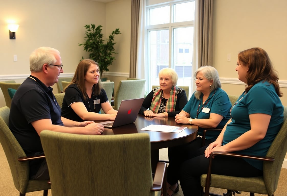 Marketing team meeting with senior living community staff to discuss personalized marketing approach