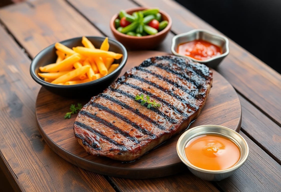 Perfectly grilled steak with sides on a rustic wooden table