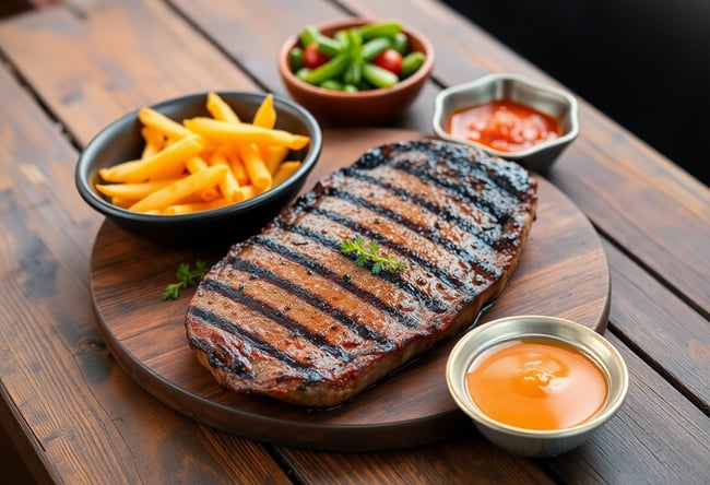 Grilled Steak Feast on Rustic Table