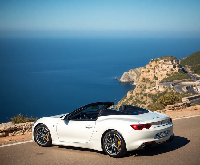 Cliffside Elegance: White Sports Car by the Sea