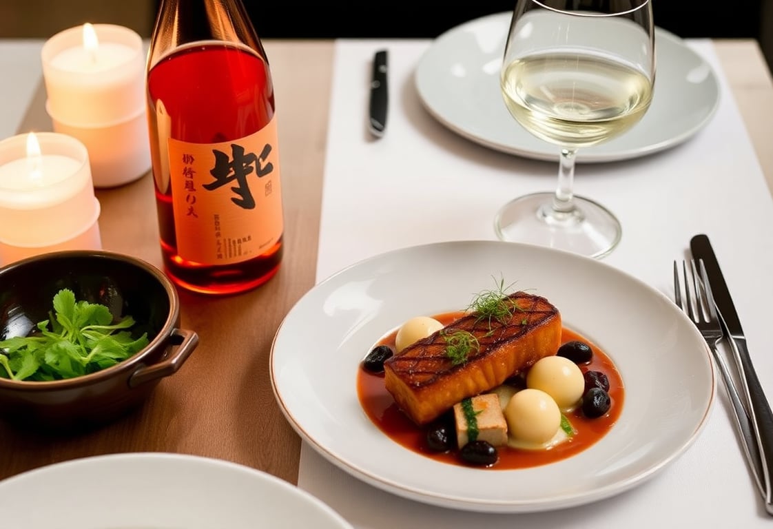 Elegant plating of Austrian cuisine paired with Alpin Sake