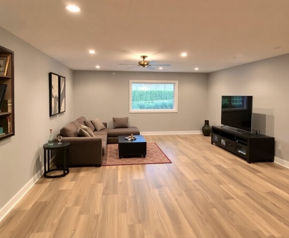 Waterproof luxury vinyl plank flooring in a basement entertainment area