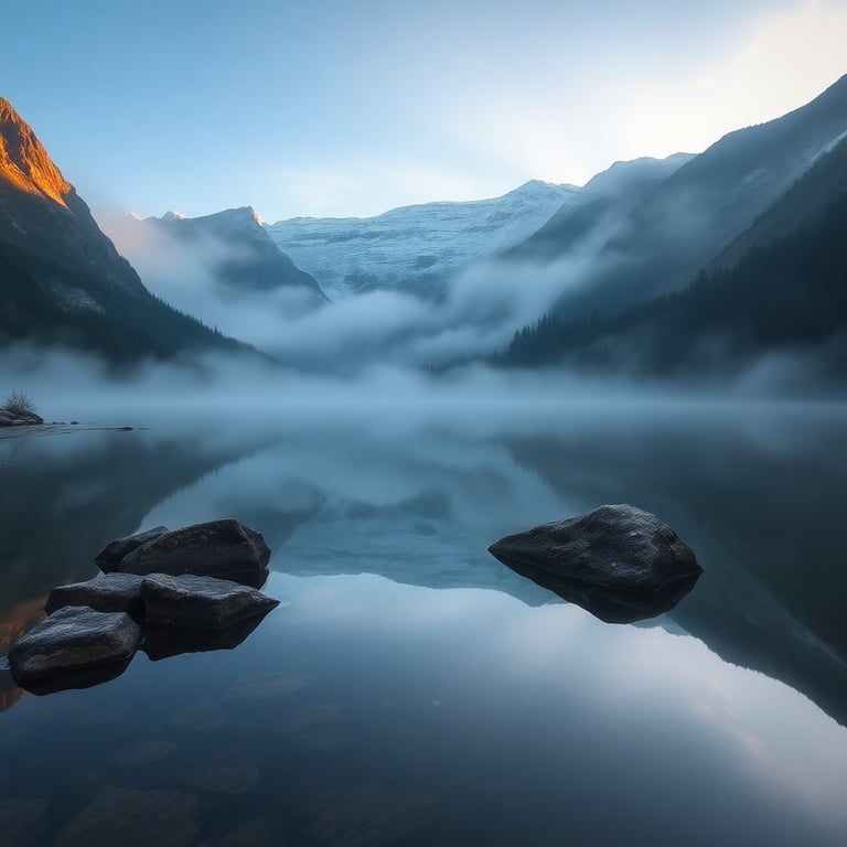Misty mountain lake with reflections in early morning light, showcasing the tranquil beauty of nature