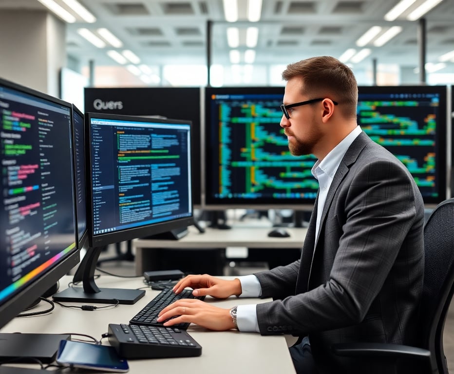 Professional IT consultant working on advanced computer systems in a modern office setting