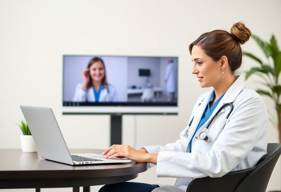 Female medical professional in white coat using laptop for telemedicine consultation, representing our online medical services