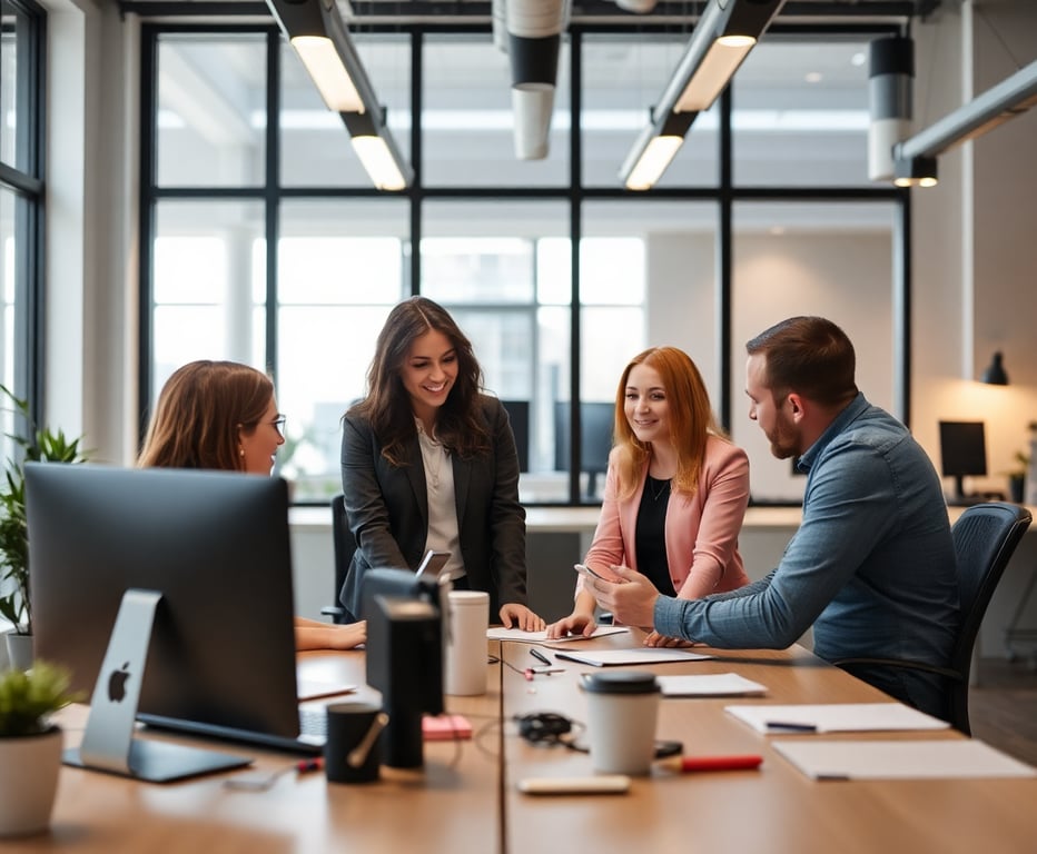 Professional workspace showing collaboration between team members