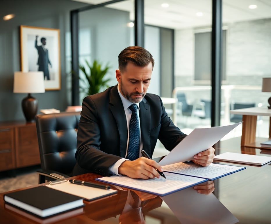 Corporate lawyer working on legal documents in an executive office environment