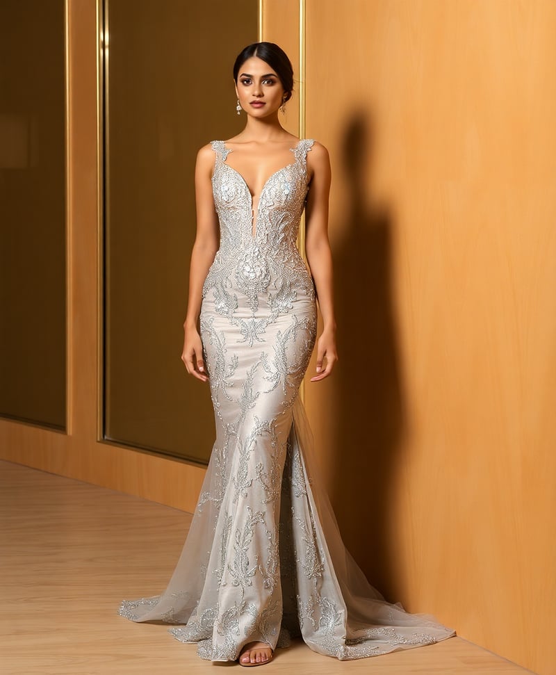 Silver Elegance: Gilani's Evening Gown