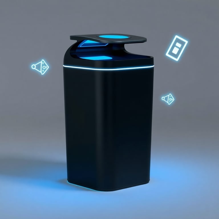 A sleek black smart dustbin with glowing blue sensors and floating IoT icons representing the SenseBin smart waste management system