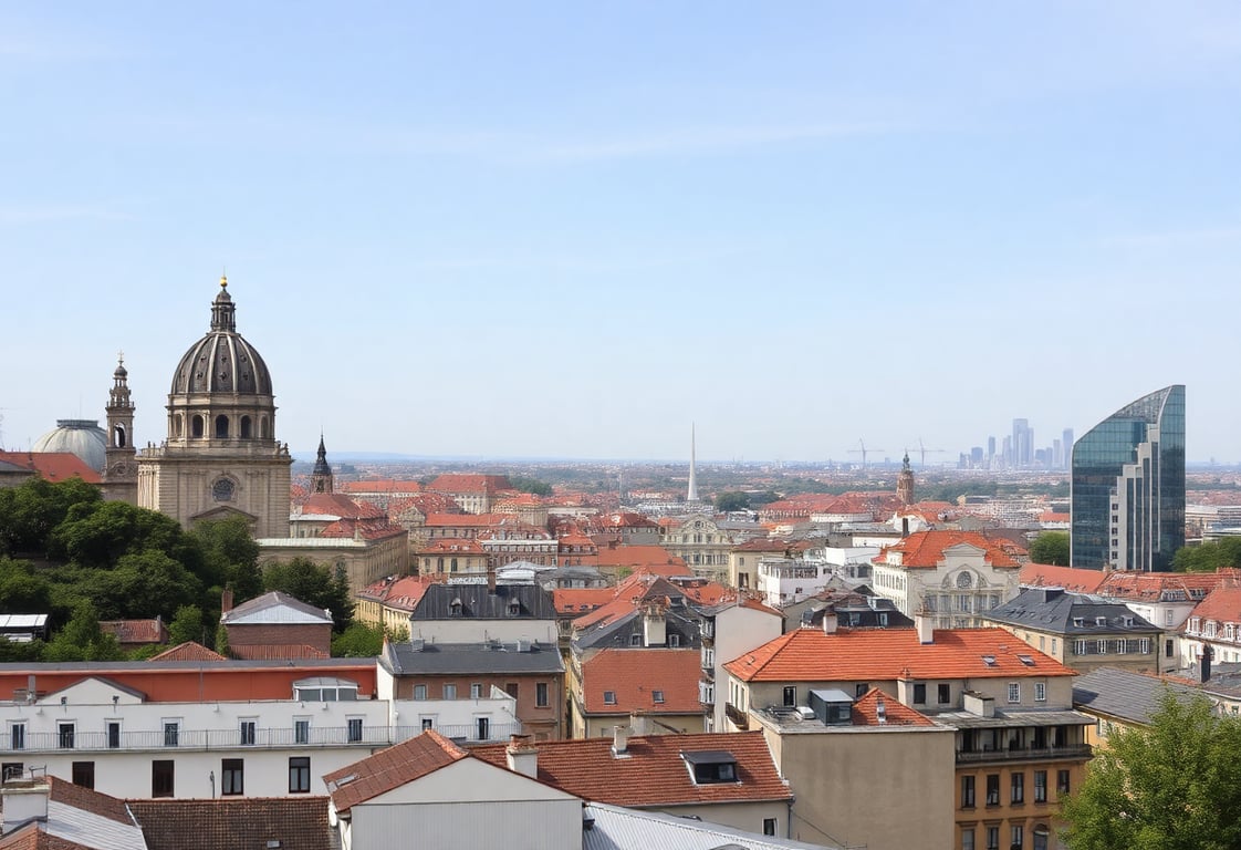 Panoramic city view showing historic architecture and modern buildings