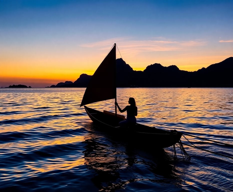 Sunset romantis di Karimunjawa dengan siluet kapal tradisional