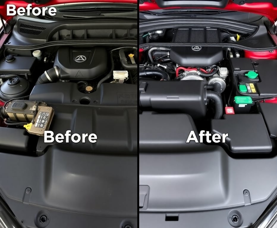 Before and after engine repair showing clean engine bay and professional diagnostic work
