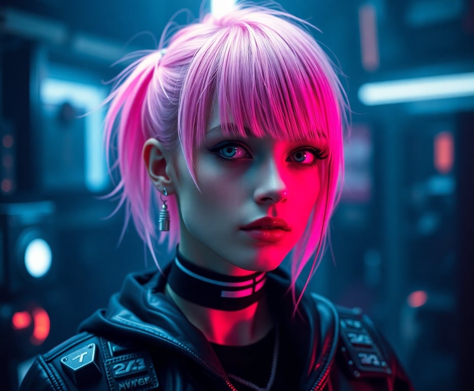 Cyberpunk portrait of a girl with neon pink hair and cybernetic enhancements in a dark futuristic setting