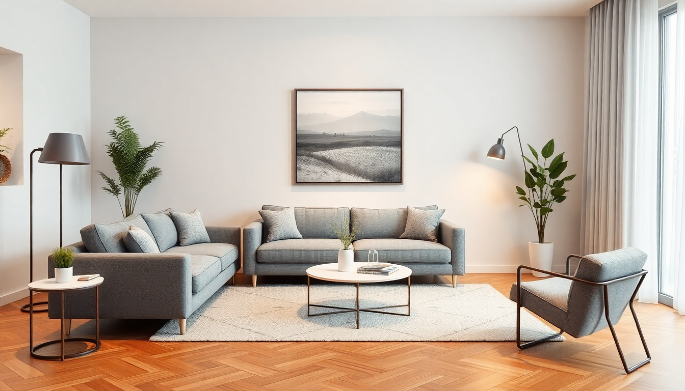 Modern living room setup with grey sofa, wall art, and minimalist furniture