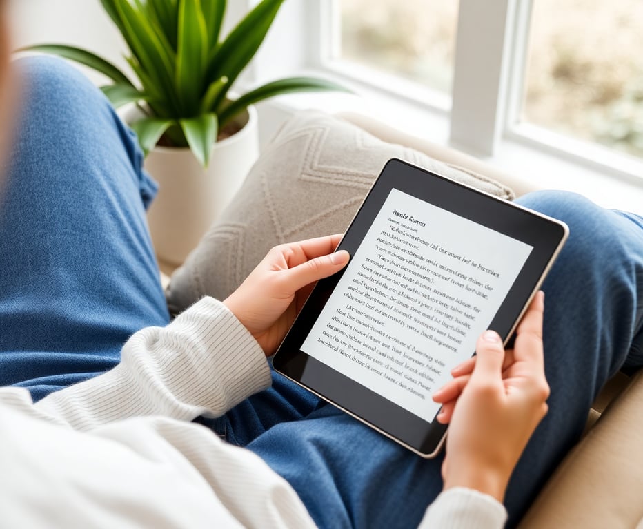 A person relaxing and reading an ebook on a tablet with ReadRover Unlimited subscription service