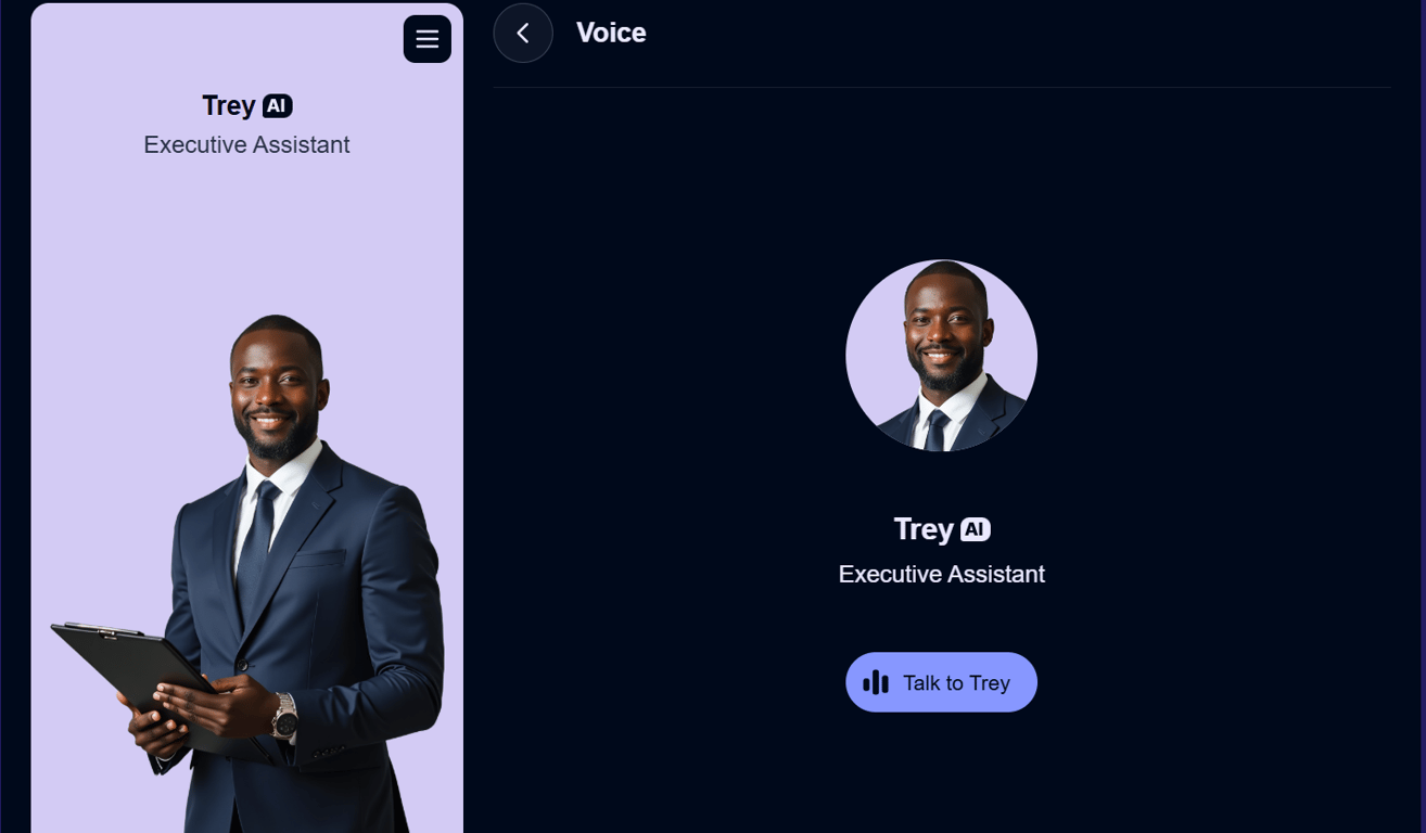 Trinity Financial Solutions AI appointment scheduling interface showing a friendly virtual assistant chatbot helping clients book tax consultation appointments with calendar view