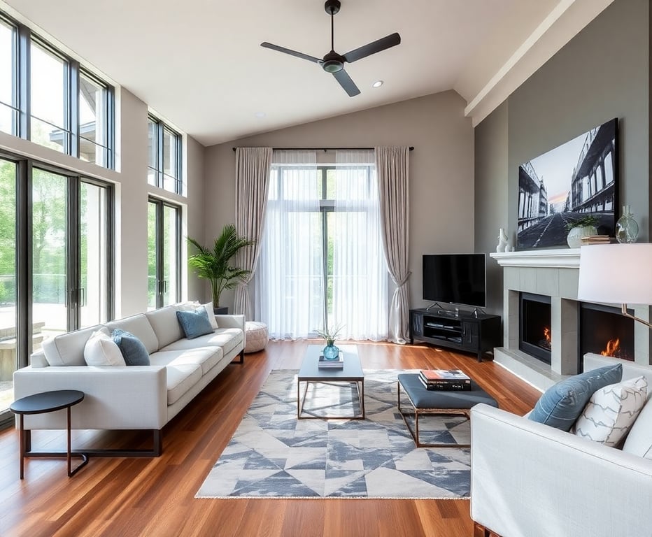 Modern living room with elegant hardwood flooring installed by New Life Brands