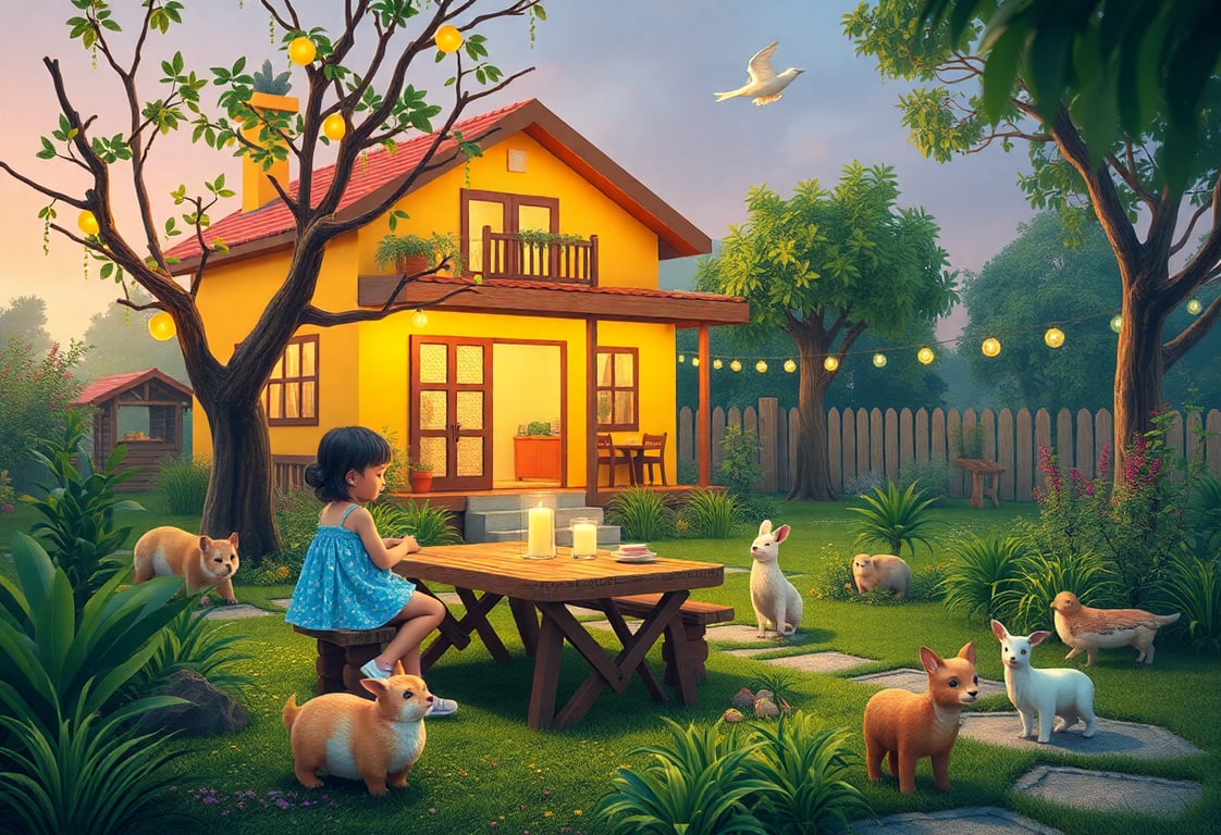 Cena lúdica com crianças brincando em um jardim com uma casa amarela, árvores e animais