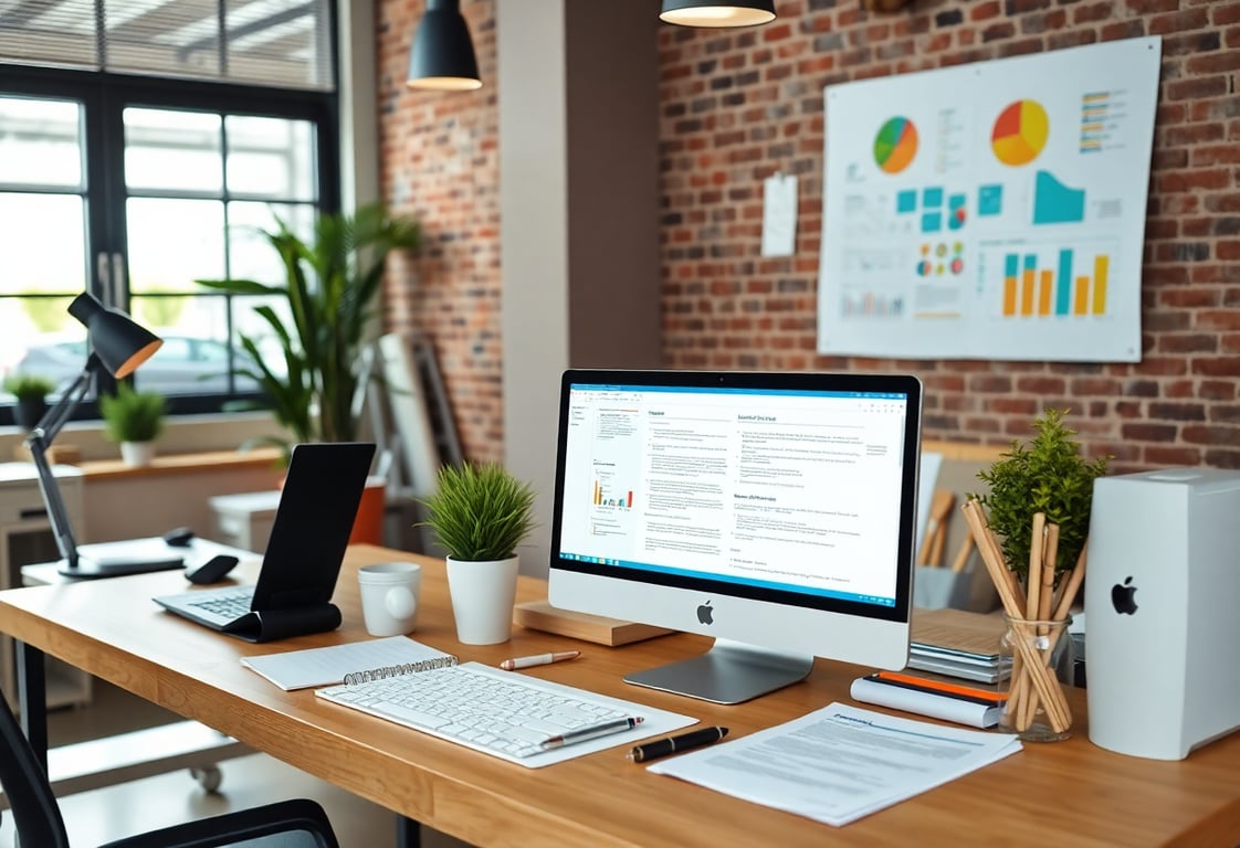 Business workspace with computer, documents, and office supplies showing modern work environment for small business solutions