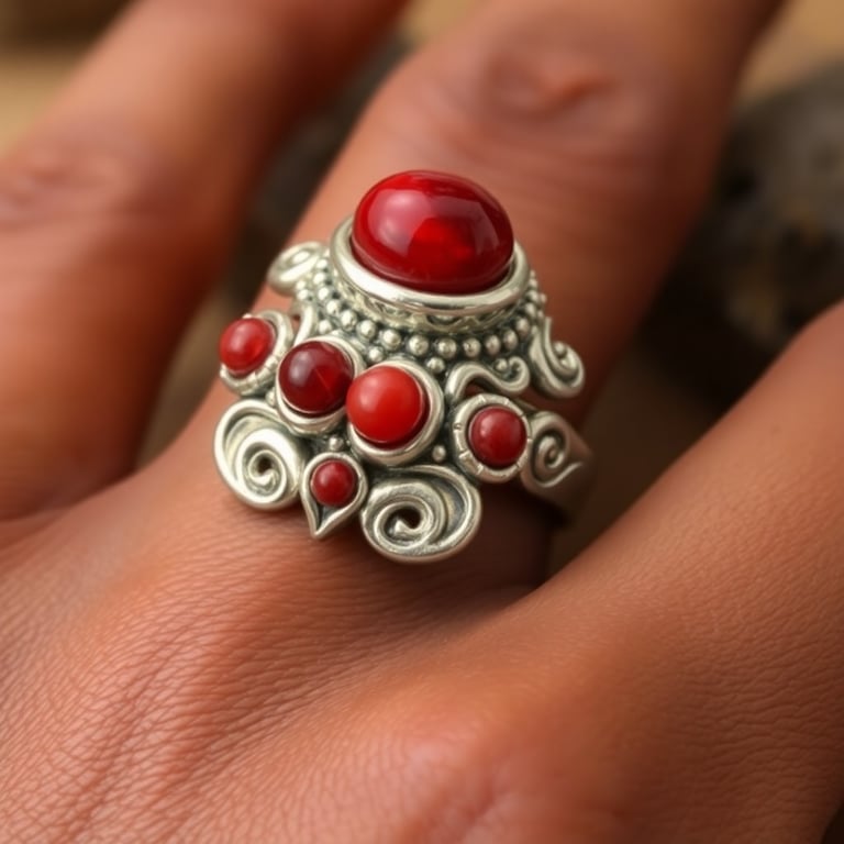 Bague traditionnelle africaine avec pierres rouges