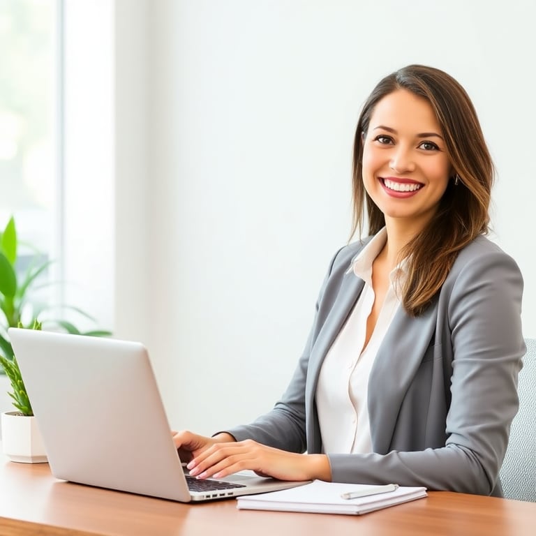 Professional woman smiling at her desk with a laptop, representing the approachable expertise of our consulting services