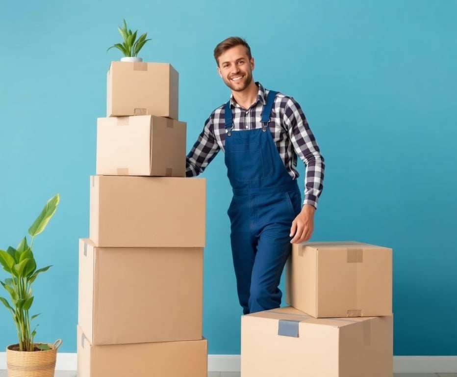 Professional mover in overalls stacking moving boxes with plants and a modern blue background, showcasing efficient moving services