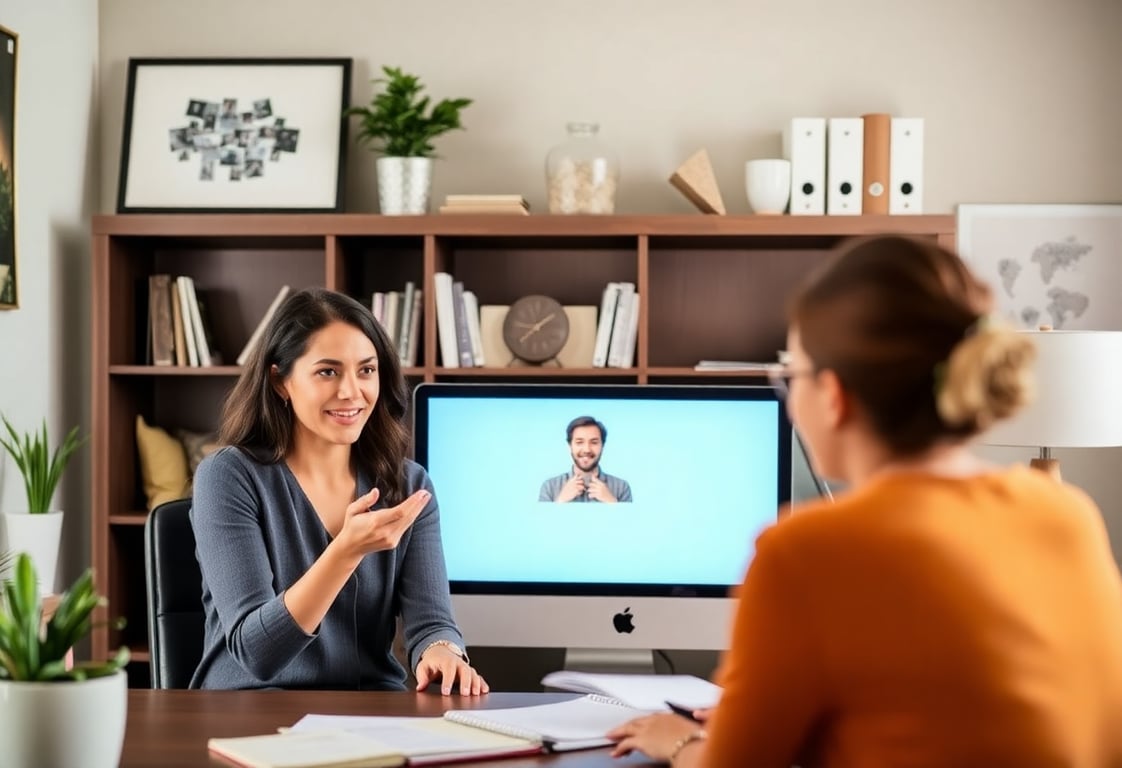 Mom teaching online class from home office for side income