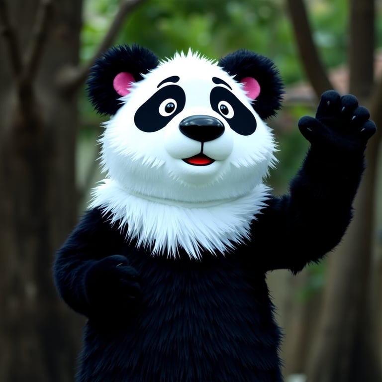 Mascote panda fofo acenando para as crianças