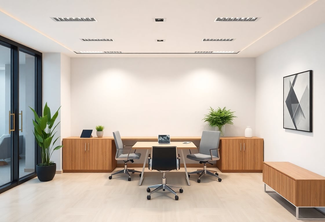 Modern minimalist office space with clean design, showing the results of professional cleaning services