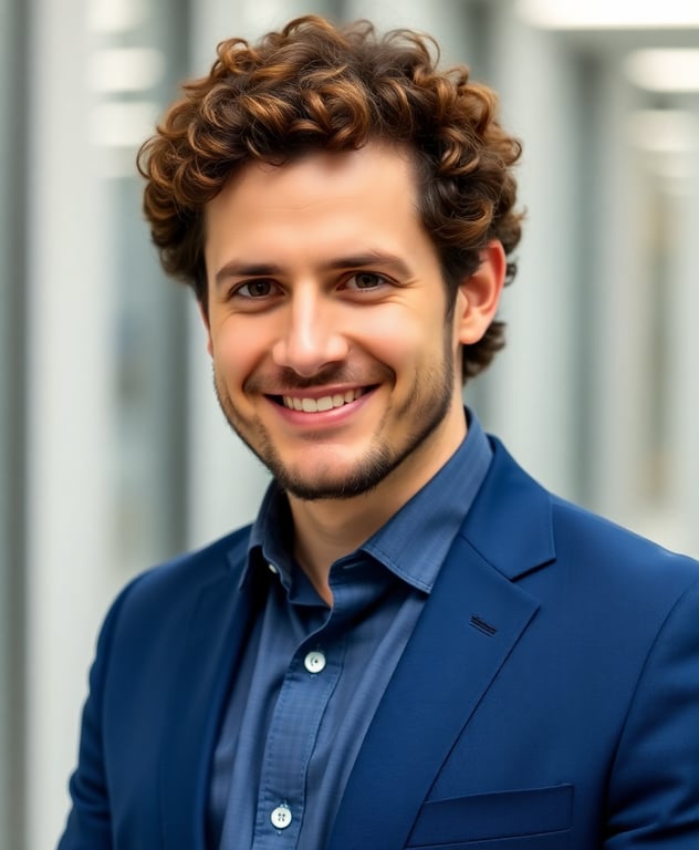 Confident male consultant with curly hair in a blue suit smiling at camera, representing our professional consulting team