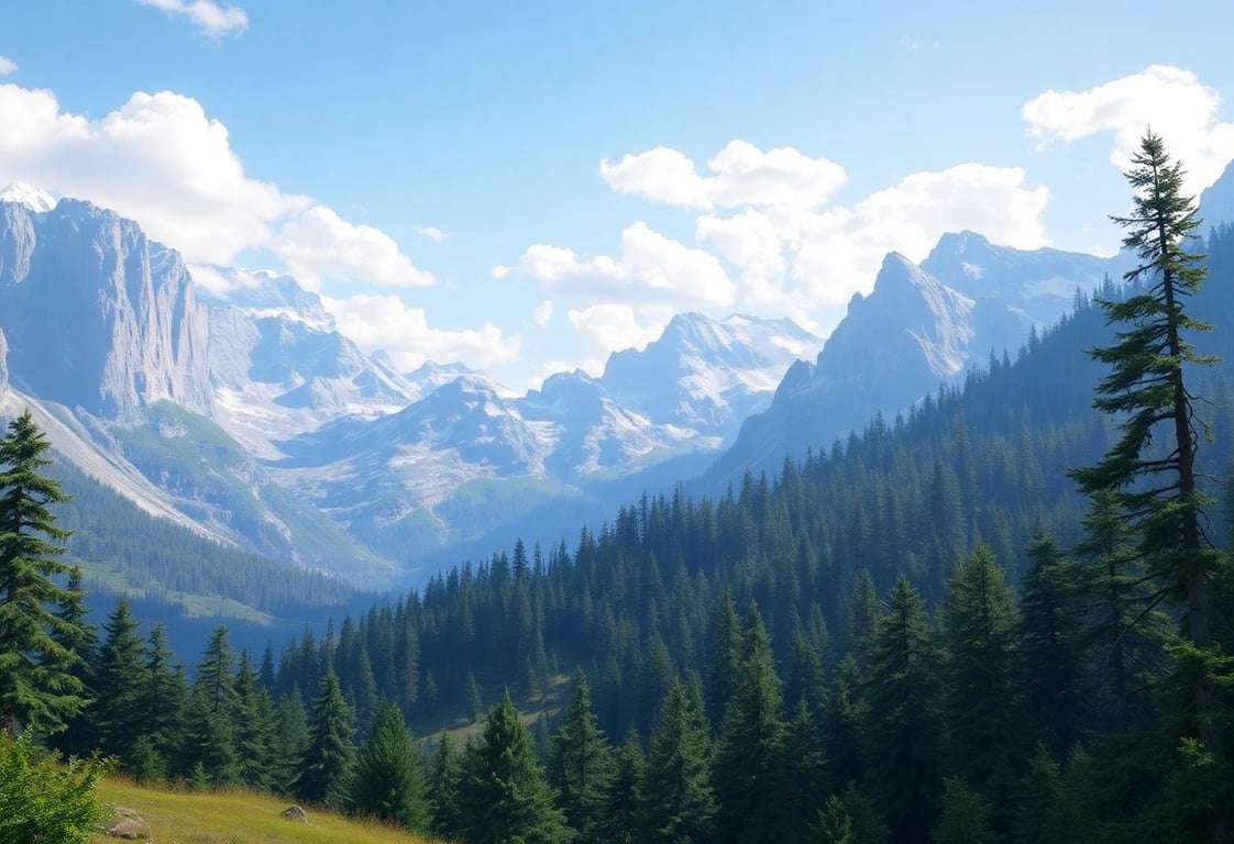 Paysage de jeu vidéo réaliste avec montagnes et forêts