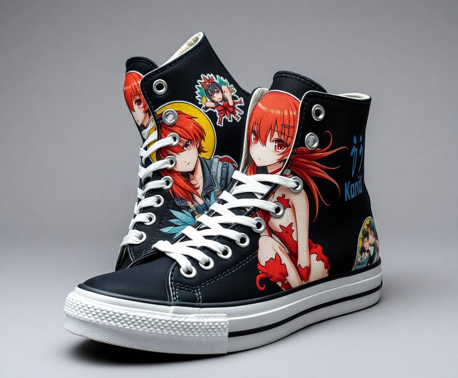 High-top black sneakers with anime-inspired custom artwork