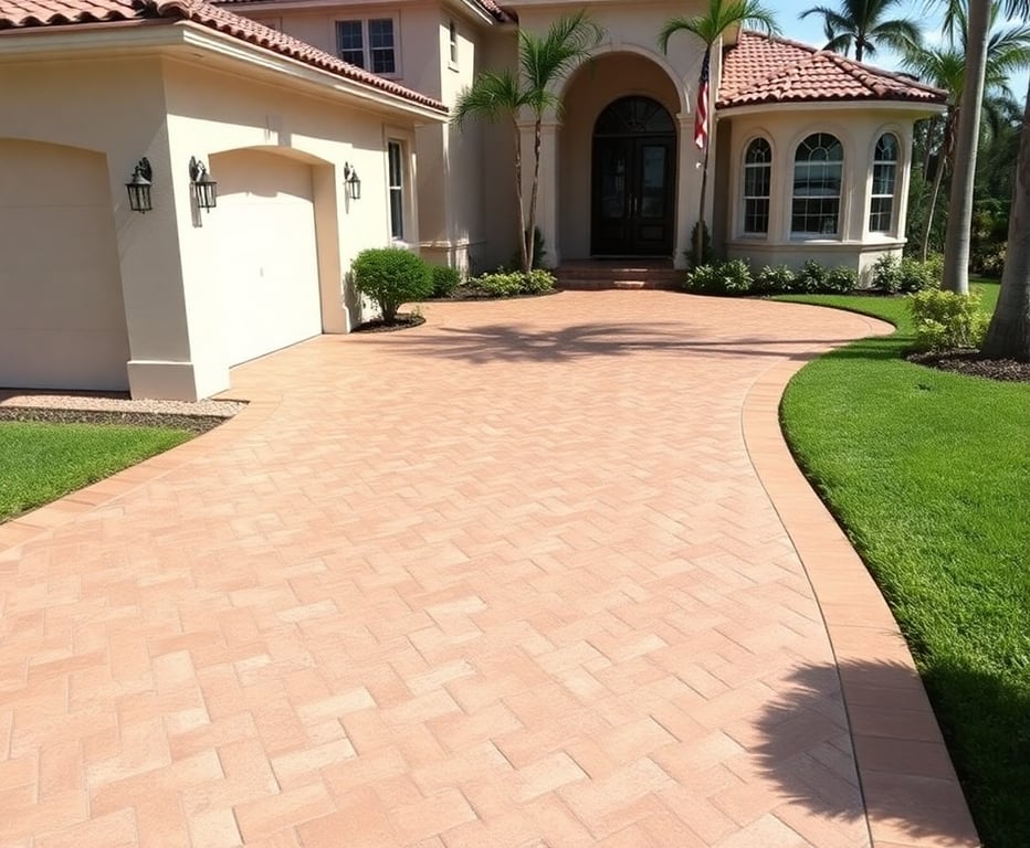 Elegant stamped concrete driveway featuring unique pattern by Fort Lauderdale Concrete Pros, complementing Broward County home architecture