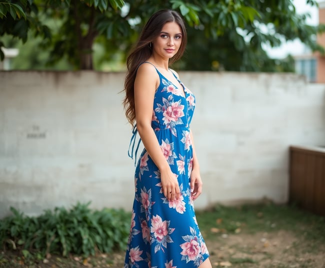 Mulher em Vestido Floral Azul Escuro